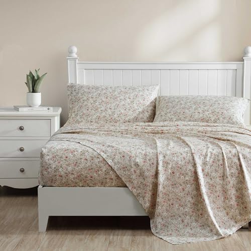 Laura Ashley Queen Size Sheet Set Soft Silky Cotton Sateen Bedding with Fitted Sheet and Pillowcases Floral Room Decor Deep Pocket College Dorm Room Essentials Bonnie Beige - Image 3
