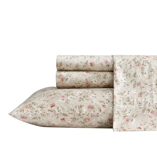Laura Ashley Queen Size Sheet Set Soft Silky Cotton Sateen Bedding with Fitted Sheet and Pillowcases Floral Room Decor Deep Pocket College Dorm Room Essentials Bonnie Beige - Image 1