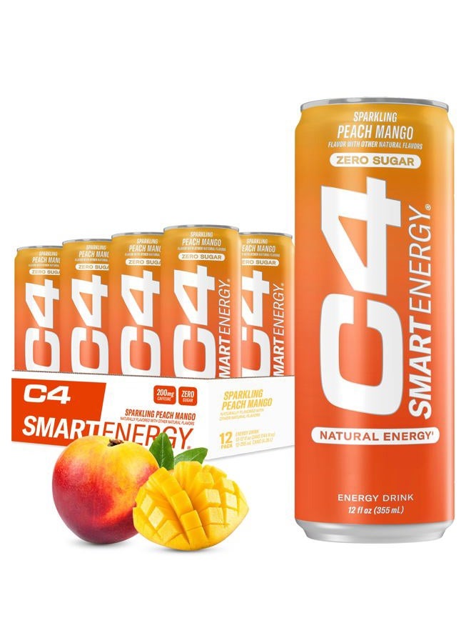 CELLUCOR C4 Smart Energy Drink ‚ Boost Focus and Energy with Zero Sugar, Natural Energy, and Nootropics - 200mg Caffeine - Peach Mango (12oz Pack of 12) - Image 1