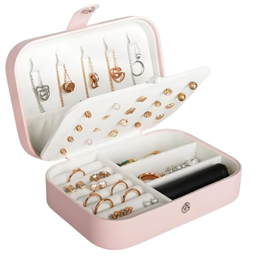 SNMMIFER Portable Travel Jewellery Box, PU Leather Organiser for Rings, Necklaces, Earrings, Pink (1 Layer) - Image 1