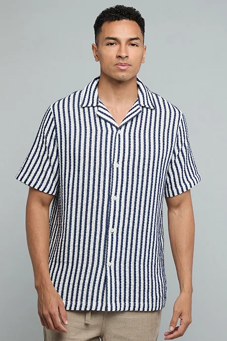 أر أند بي Striped Shirt with Revere Collar and Short Sleeves