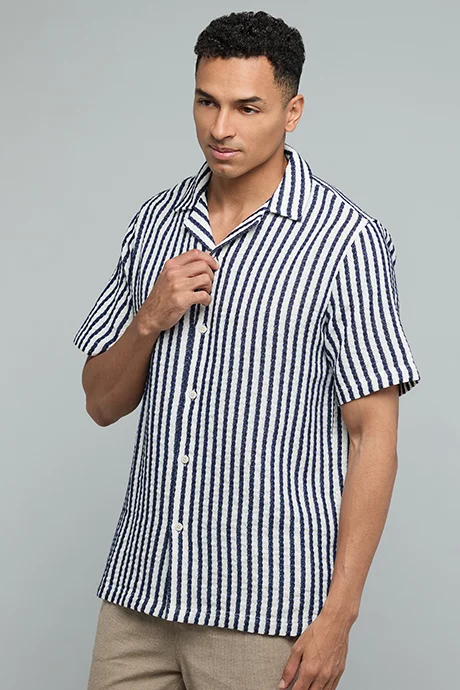 أر أند بي Striped Shirt with Revere Collar and Short Sleeves