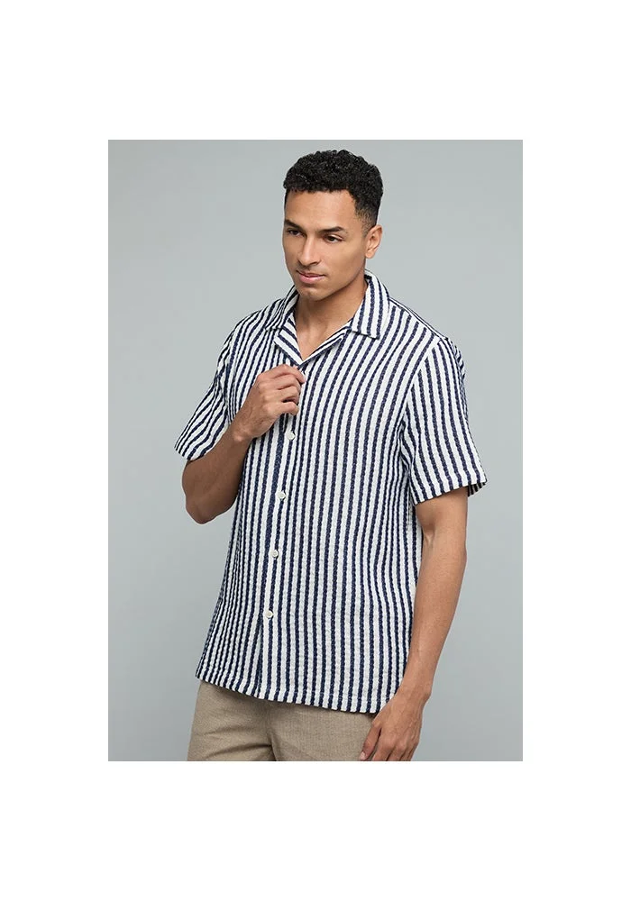 R&b Striped Shirt with Revere Collar and Short Sleeves