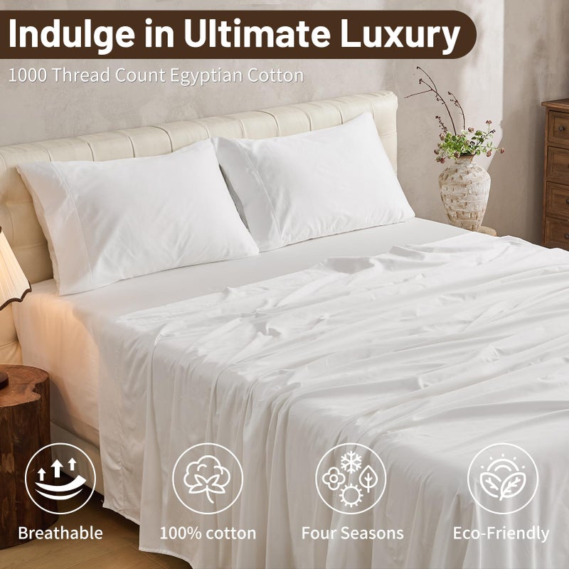 MEISHANG Extra Deep Pocket Cotton Sheets Queen Size - 100% Egyptian Cotton 1000 Thread Count - Fits 18"-24" in Deep Mattress,Oeko-Tex Certified, Soft & Breathable - 4 Piece (Queen, Whtie) - Image 2