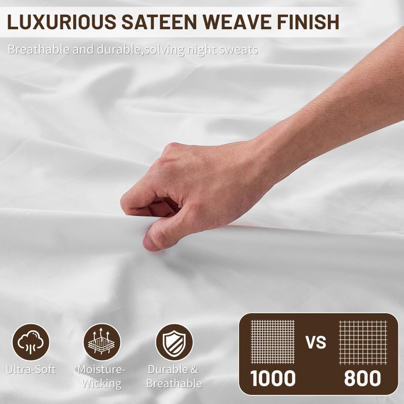 MEISHANG Extra Deep Pocket Cotton Sheets Queen Size - 100% Egyptian Cotton 1000 Thread Count - Fits 18"-24" in Deep Mattress,Oeko-Tex Certified, Soft & Breathable - 4 Piece (Queen, Whtie) - Image 3