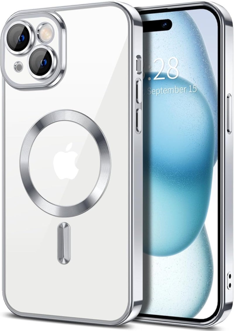 جراب Dl3 Mobilak لهاتف iPhone 13 (6.1 بوصة) مزود بتقنية MagSafe وحماية عدسة الكاميرا، جراب مغناطيسي شفاف يوفر حماية كاملة، مطلي بمادة مقاومة للخدش، نحيف ورفيع - فضي