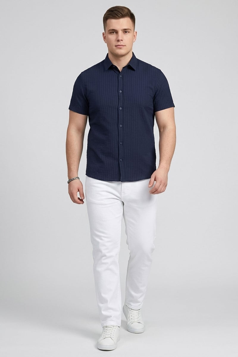 Ike Behar Men Regular Fit Textured Long Sleeve Casual Shirt, Navy - Image 4