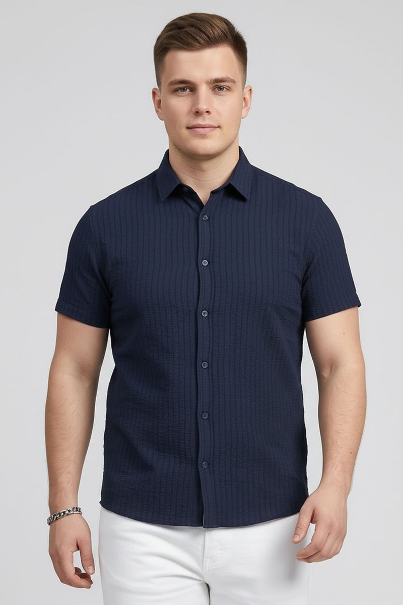 Ike Behar Men Regular Fit Textured Long Sleeve Casual Shirt, Navy - Image 1