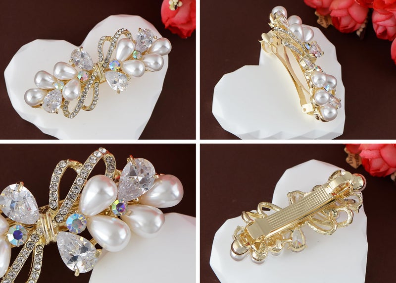 Alilang Baroque Style Pearl Golden Tone Hairpin Bow Tie Crystal Rhinestone Hair Barrette Clip - Image 3