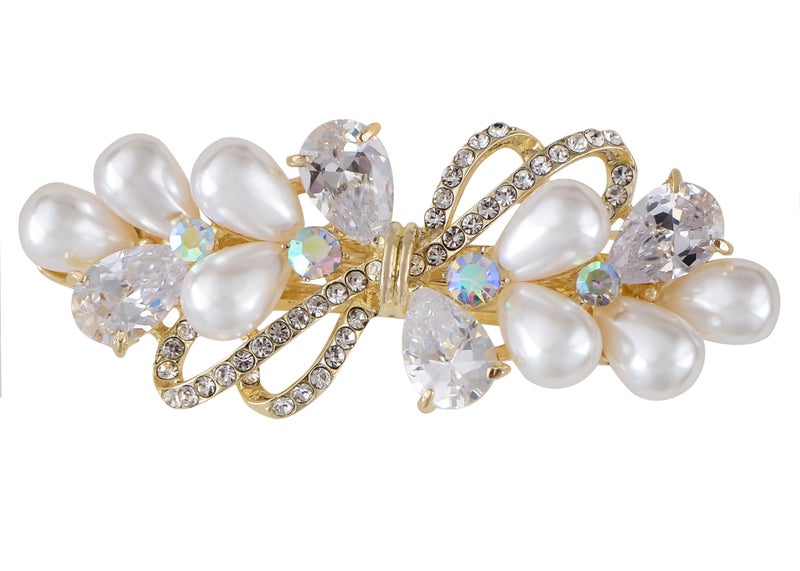 Alilang Baroque Style Pearl Golden Tone Hairpin Bow Tie Crystal Rhinestone Hair Barrette Clip - Image 1