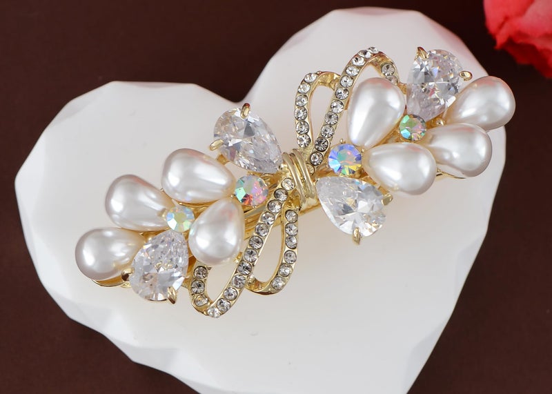 Alilang Baroque Style Pearl Golden Tone Hairpin Bow Tie Crystal Rhinestone Hair Barrette Clip - Image 2