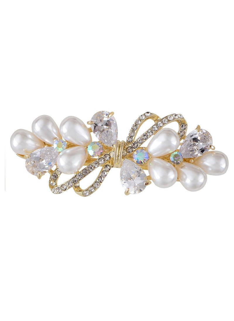 Alilang Alilang Baroque Style Pearl Golden Tone Hairpin Bow Tie Crystal Rhinestone Hair Barrette Clip  - Image 1