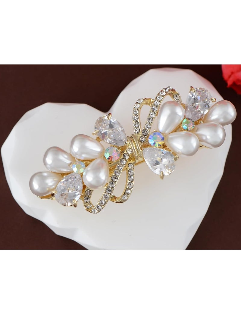 Alilang Alilang Baroque Style Pearl Golden Tone Hairpin Bow Tie Crystal Rhinestone Hair Barrette Clip  - Image 3