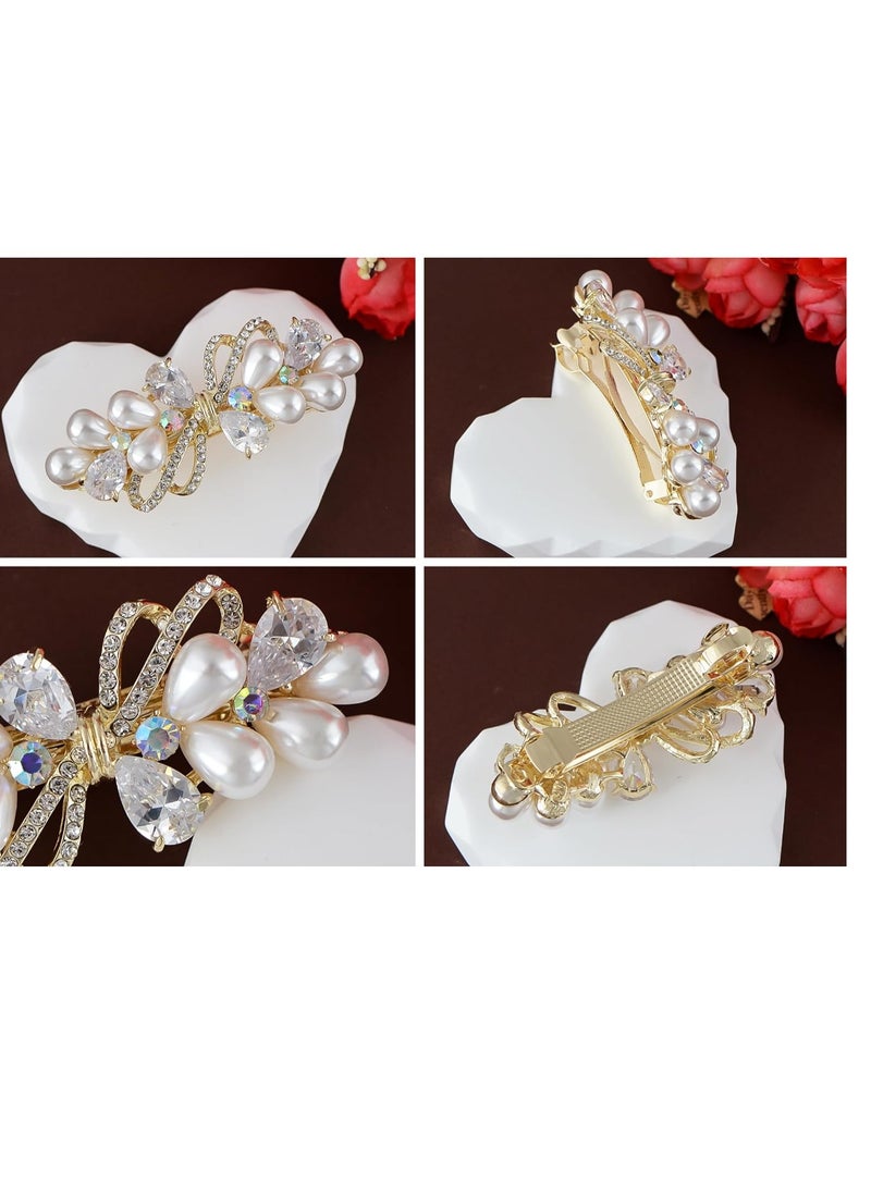 Alilang Alilang Baroque Style Pearl Golden Tone Hairpin Bow Tie Crystal Rhinestone Hair Barrette Clip  - Image 4