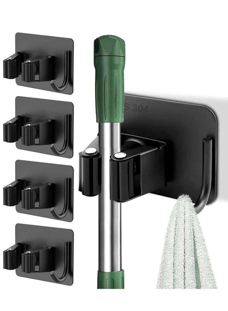 Joyelink 4 Mop Broom Holder Self Adhesive Stainless Steel No Drill,Tools Holder Organizer Wall Mounted Super Anti-Slip Hanger for Home,Kitchen,Garden,Garage,Laundry,Toilet Wall Hooks Storage(4 Slots 4 Hooks)  - Image 1