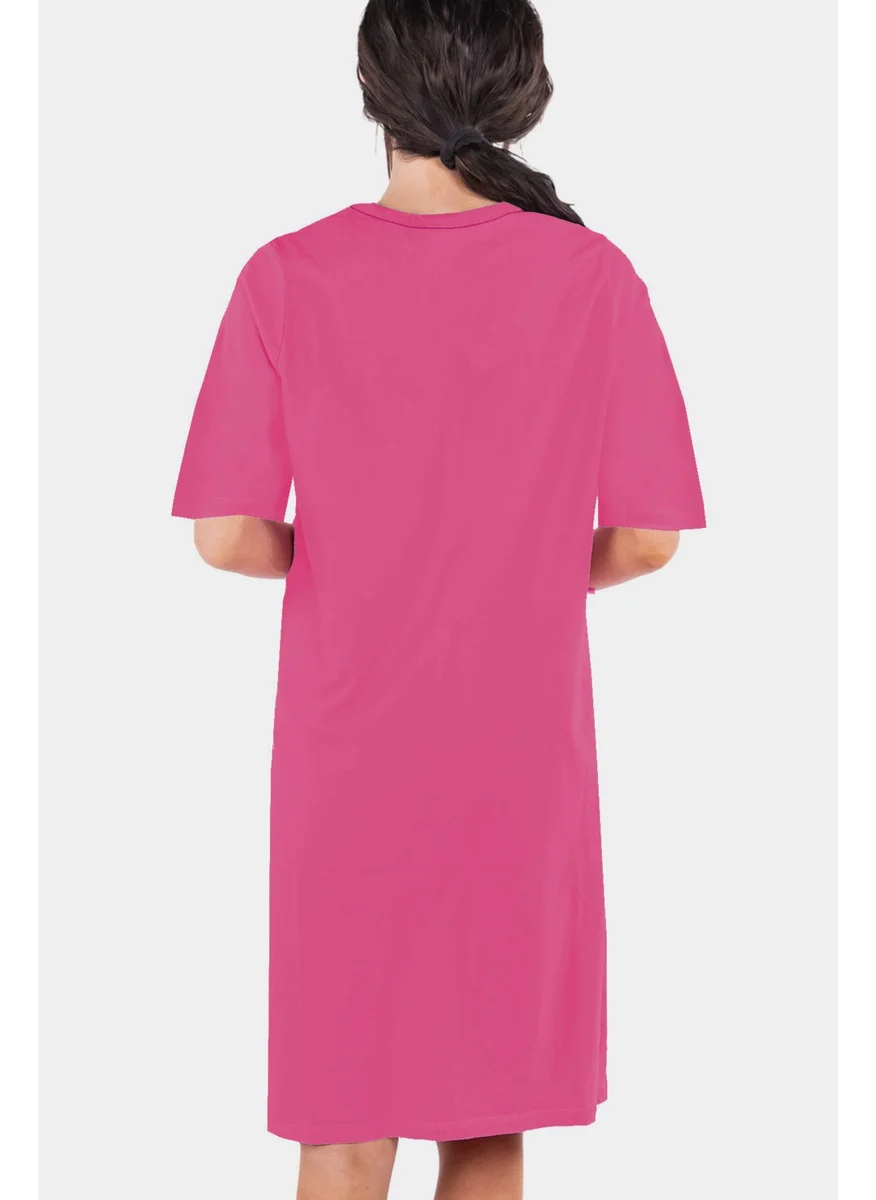 روك اند رول Plain Fuchsia V Neck Half Sleeve Knee Length Home Dress Nightgown