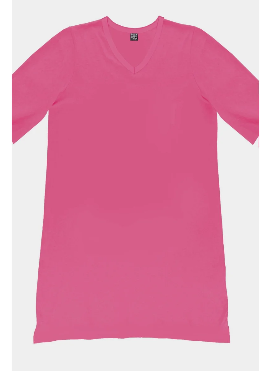 روك اند رول Plain Fuchsia V Neck Half Sleeve Knee Length Home Dress Nightgown