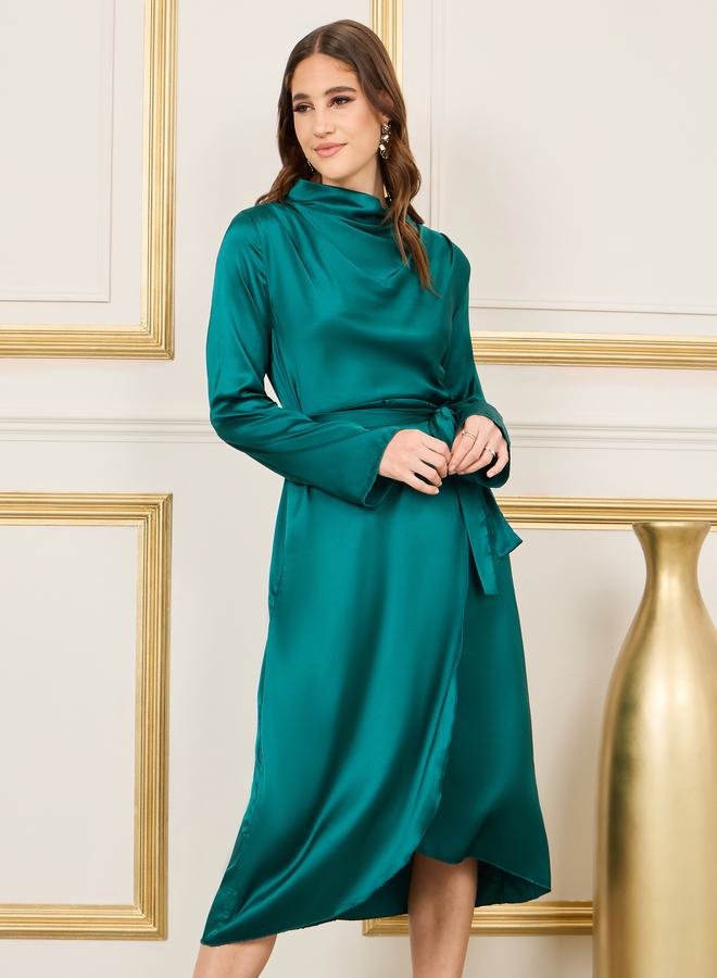 Styli Satin High Neck Self Tie Up A-Line Midi Dress - Image 2