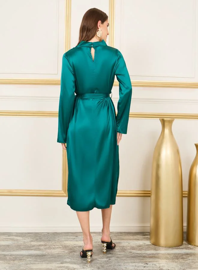 ستايلي Satin High Neck Self Tie Up A-Line Midi Dress