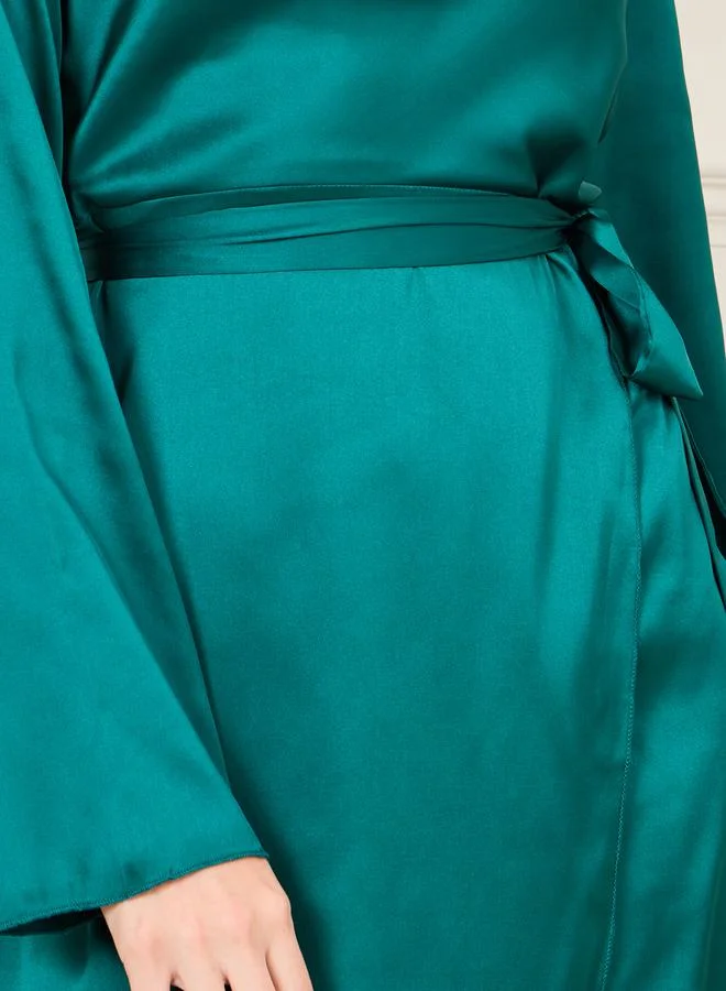 ستايلي Satin High Neck Self Tie Up A-Line Midi Dress