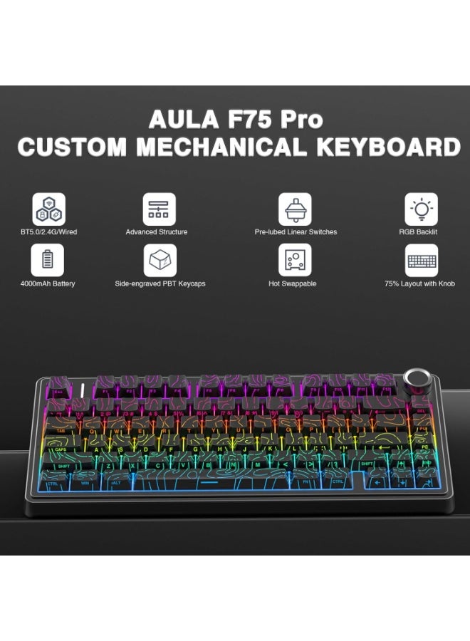 أولا لوحة مفاتيح ميكانيكية لاسلكية AULA F75 75%، لوحات مفاتيح ألعاب 2.4 جيجاهرتز/Type-C/BT5.0، هيكل متقدم، محفور جانبيًا، إضاءة خلفية RGB، لوحة مفاتيح مخصصة قابلة للتبديل السريع لأجهزة الكمبيوتر/Mac، لون أسود (محور متجه نجمي) - Image 2
