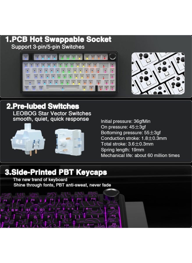 أولا لوحة مفاتيح ميكانيكية لاسلكية AULA F75 75%، لوحات مفاتيح ألعاب 2.4 جيجاهرتز/Type-C/BT5.0، هيكل متقدم، محفور جانبيًا، إضاءة خلفية RGB، لوحة مفاتيح مخصصة قابلة للتبديل السريع لأجهزة الكمبيوتر/Mac، لون أسود (محور متجه نجمي) - Image 5