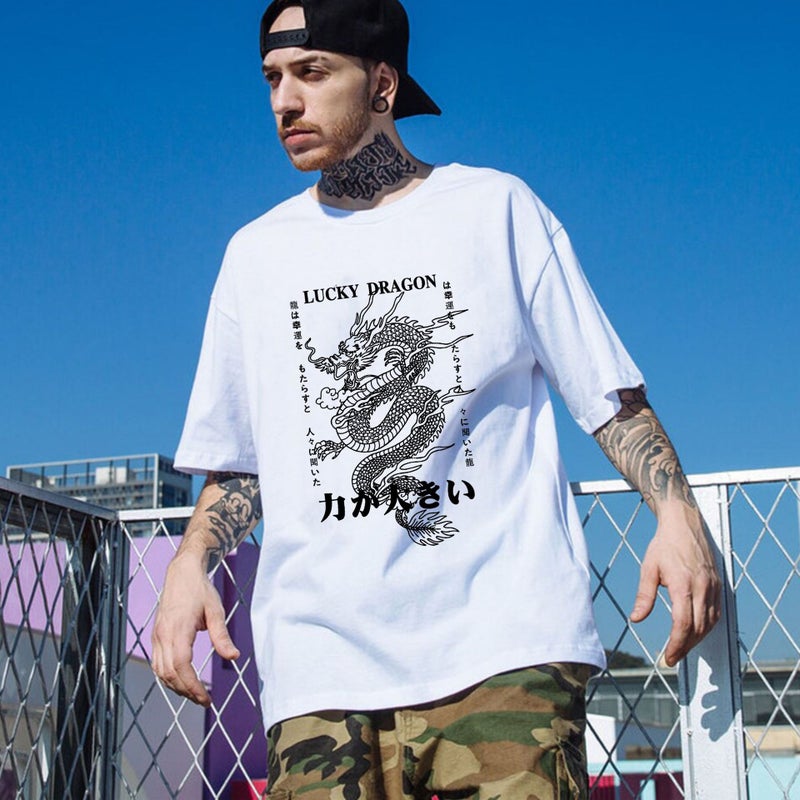 2022 Spring Men'S New Lucky Dragon Loose Shoulder Short Pullover Men'S T-Shirt - Image 3