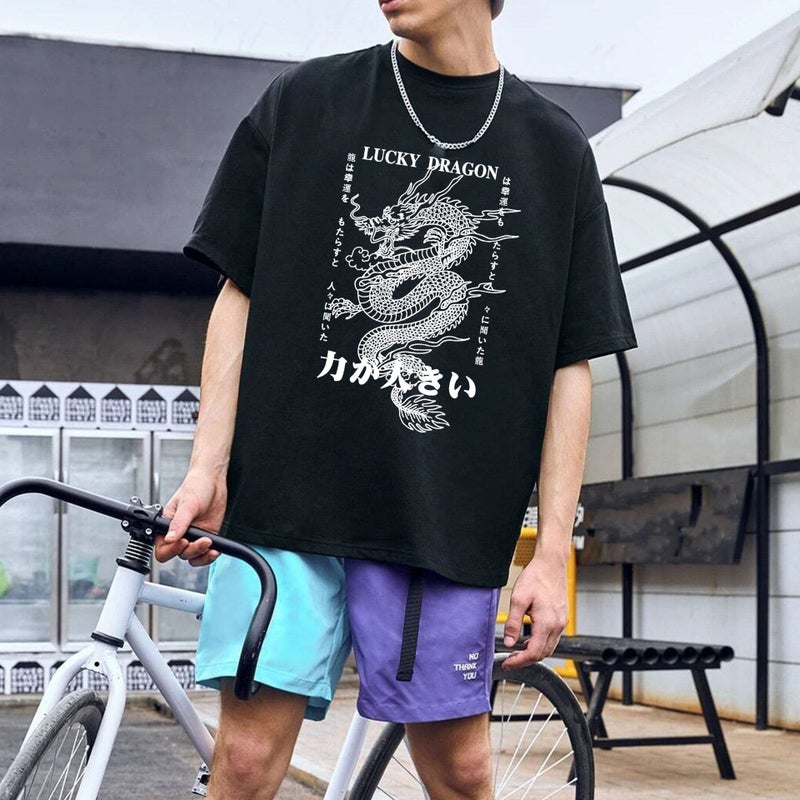 2022 Spring Men'S New Lucky Dragon Loose Shoulder Short Pullover Men'S T-Shirt - Image 4