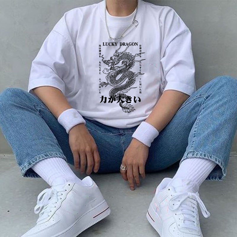 2022 Spring Men'S New Lucky Dragon Loose Shoulder Short Pullover Men'S T-Shirt - Image 2