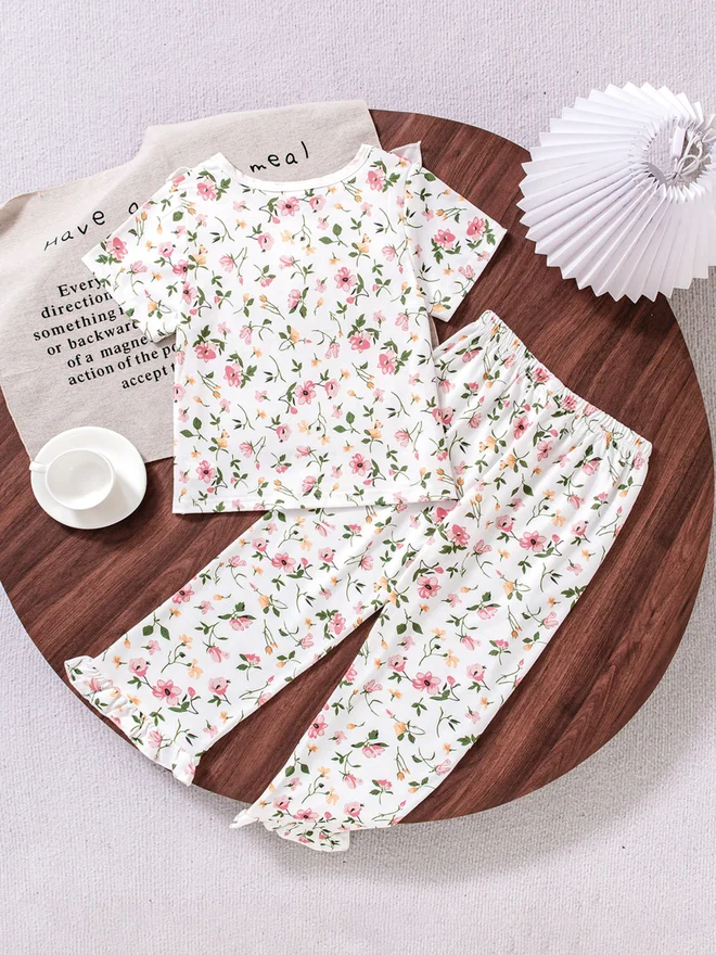 Take Two Girls Floral Print Ruffle T-Shirt And Pyjama Set