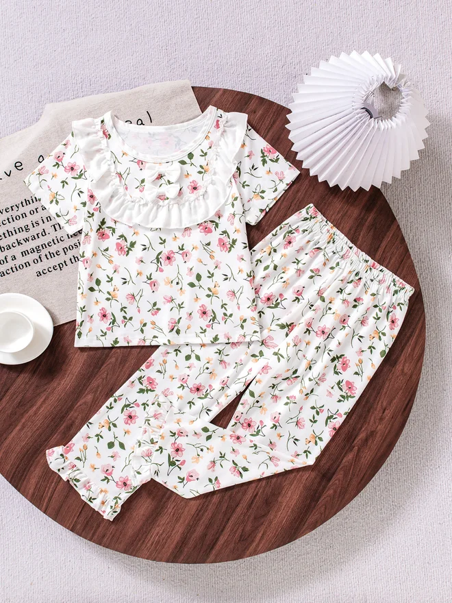 Take Two Girls Floral Print Ruffle T-Shirt And Pyjama Set