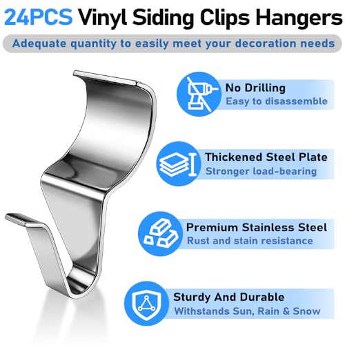Vicsamer 24PCS Vinyl Siding Hook, Thicken Stainless Steel Vinyl Siding Clips Hangers, Heavy-Duty No Drill Vinyl Hook for Outdoor Decor, Hanging on Patio, Christmas Wreath Hangers - Image 3
