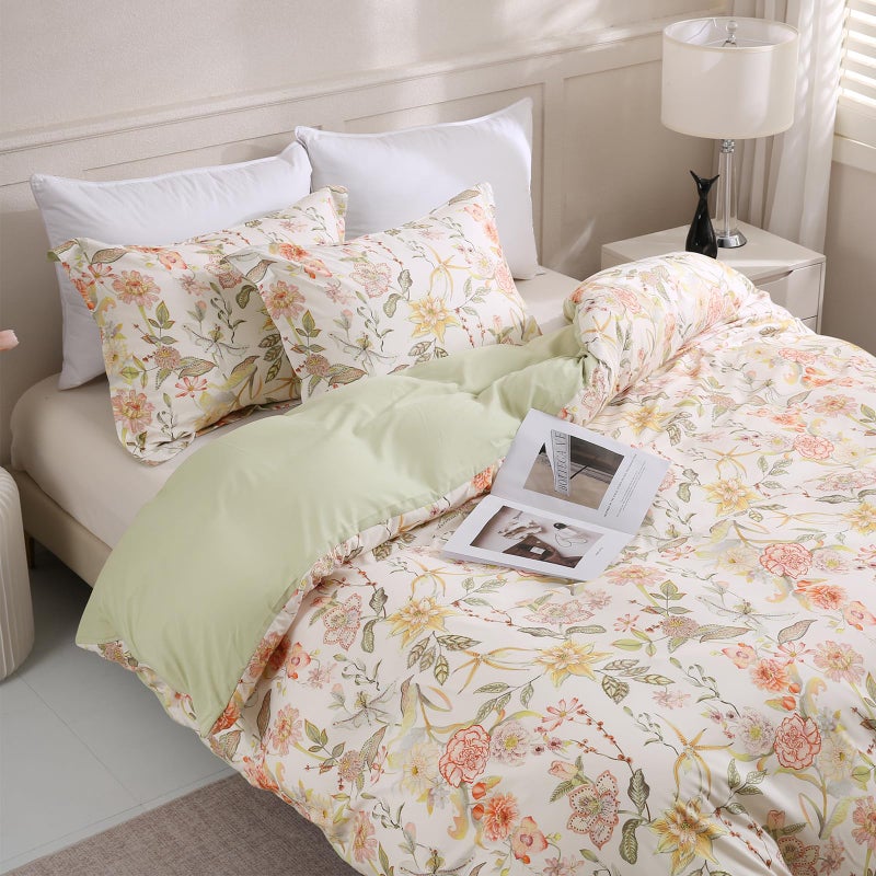 LONAVA Queen Floral 3 Pcs Duvet Cover Set, Breathable Soft Microfiber Glass Green Lining Comforter Cover with Zipper Closure, and 2 Anti-Pilling, Fade Resistant Pillowcases, Fall Floral - Image 1