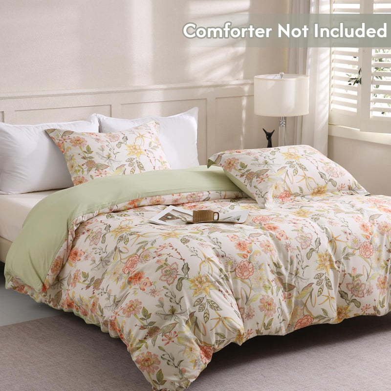 LONAVA Queen Floral 3 Pcs Duvet Cover Set, Breathable Soft Microfiber Glass Green Lining Comforter Cover with Zipper Closure, and 2 Anti-Pilling, Fade Resistant Pillowcases, Fall Floral - Image 2