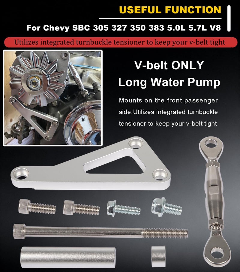 Camoo Billet Alternator Bracket Adjustable Kit for Chevy SBC 305 327 350 383 5.0L 5.7L V8 Eight Cylinder Long Water Pump Polished Aluminum for Chevy Small Block Engine - Image 4