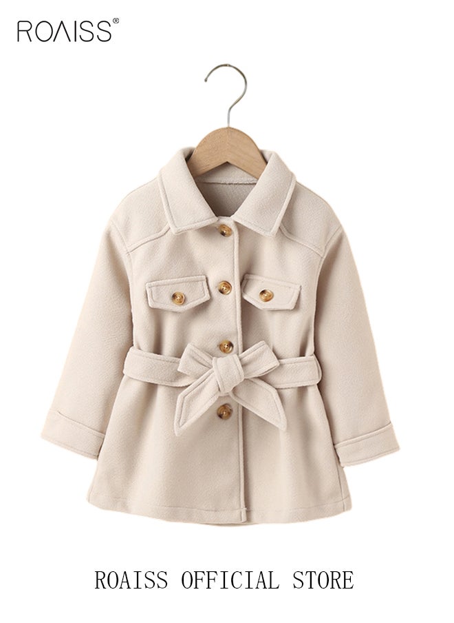 roaiss - Toddler Girls Winter Warm Thickened Classic Jacket Button Solid Color For Kids Clothes Beige Overcoat - Image 1