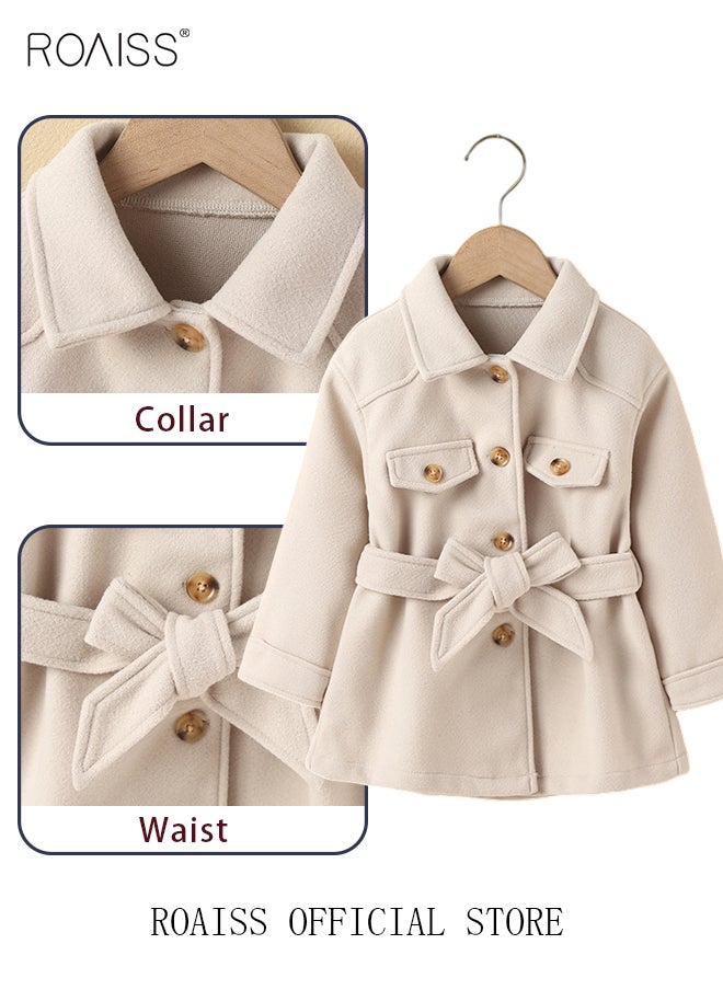 roaiss - Toddler Girls Winter Warm Thickened Classic Jacket Button Solid Color For Kids Clothes Beige Overcoat - Image 1