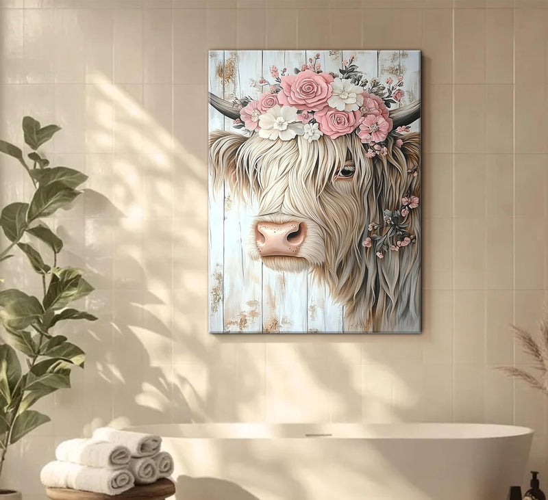 Mavgouuy Rustic Highland Cow Flower Crown Canvas Wall Art Retro Cow With Garland Painting Picture Wall Decor Funny Farmhouse Artwork Poster Print Artwork for Bedroom Living Room Kitchen Home Decoration - Image 2