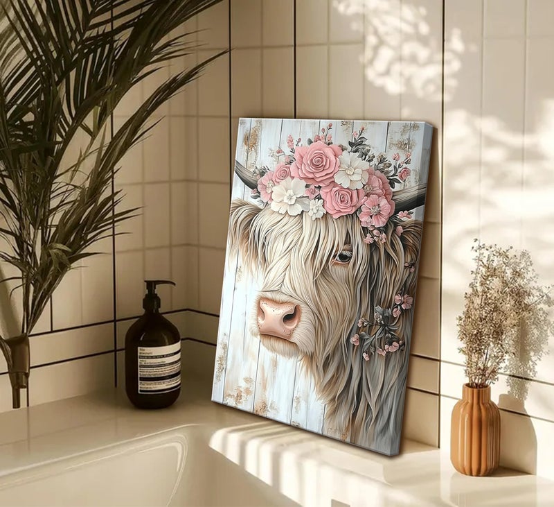 Mavgouuy Rustic Highland Cow Flower Crown Canvas Wall Art Retro Cow With Garland Painting Picture Wall Decor Funny Farmhouse Artwork Poster Print Artwork for Bedroom Living Room Kitchen Home Decoration - Image 4