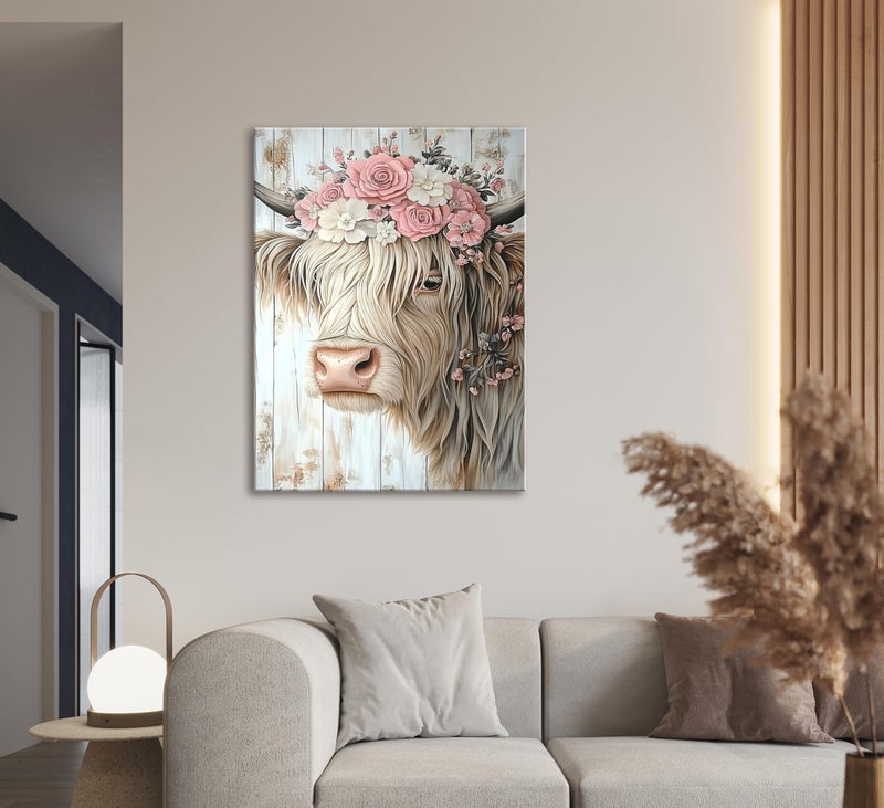 Mavgouuy Rustic Highland Cow Flower Crown Canvas Wall Art Retro Cow With Garland Painting Picture Wall Decor Funny Farmhouse Artwork Poster Print Artwork for Bedroom Living Room Kitchen Home Decoration - Image 5
