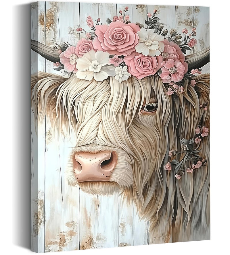 Mavgouuy Rustic Highland Cow Flower Crown Canvas Wall Art Retro Cow With Garland Painting Picture Wall Decor Funny Farmhouse Artwork Poster Print Artwork for Bedroom Living Room Kitchen Home Decoration - Image 1