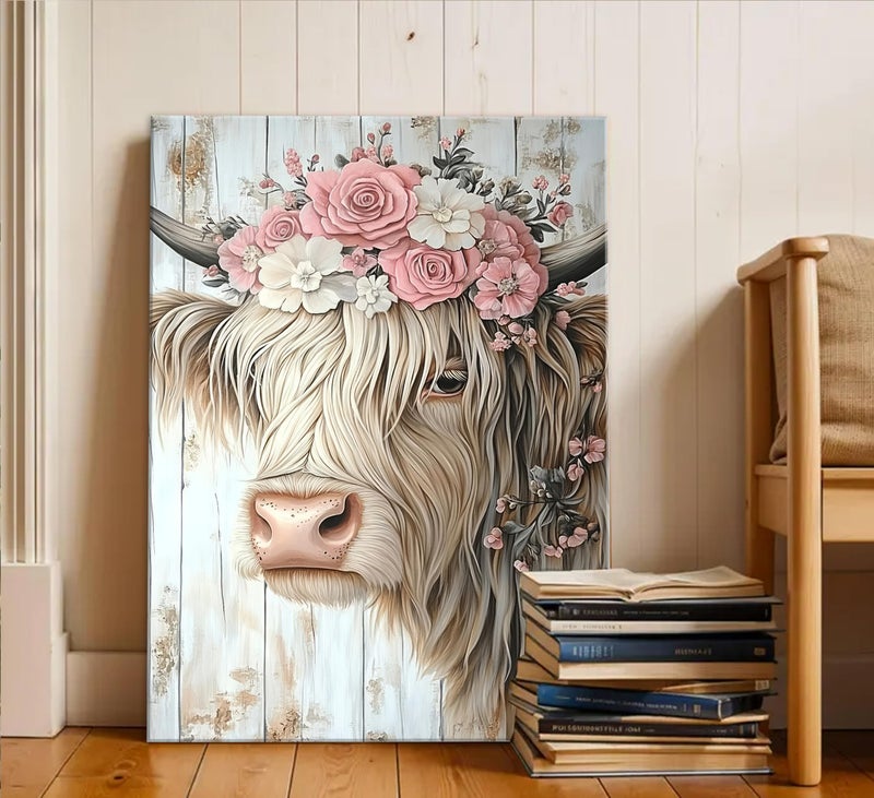 Mavgouuy Rustic Highland Cow Flower Crown Canvas Wall Art Retro Cow With Garland Painting Picture Wall Decor Funny Farmhouse Artwork Poster Print Artwork for Bedroom Living Room Kitchen Home Decoration - Image 3