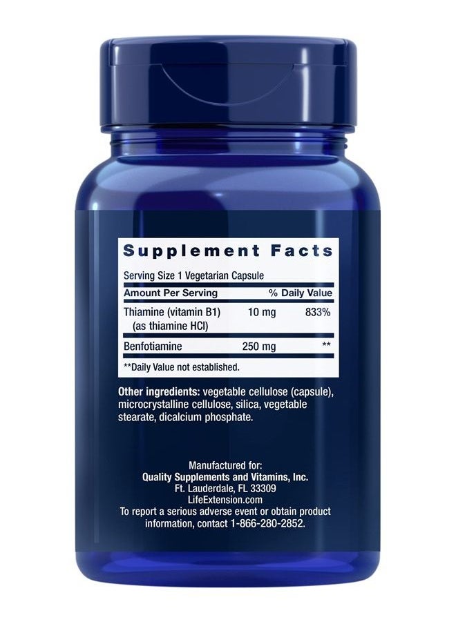 Life Extension - Mega Benfotiamine 250 mg - With Fat Soluble Thiamine Vitamin B1 for Glucose Metabolism - Advanced Nerve Health Supplement Pill - Gluten Free, Non-GMO, Vegetarian - 120 Capsules - Image 1