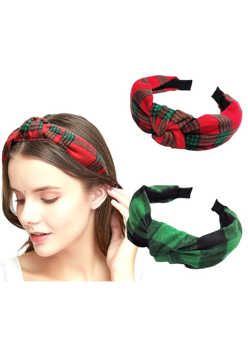 Funlovin - 2pcs Christmas Headband Women Plaid Headbands Cloth Knotted Wide Head Band for Women Girls Christmas Hair Accessories Gift Red and Green Color Plaid Headband Style 1 - Image 1