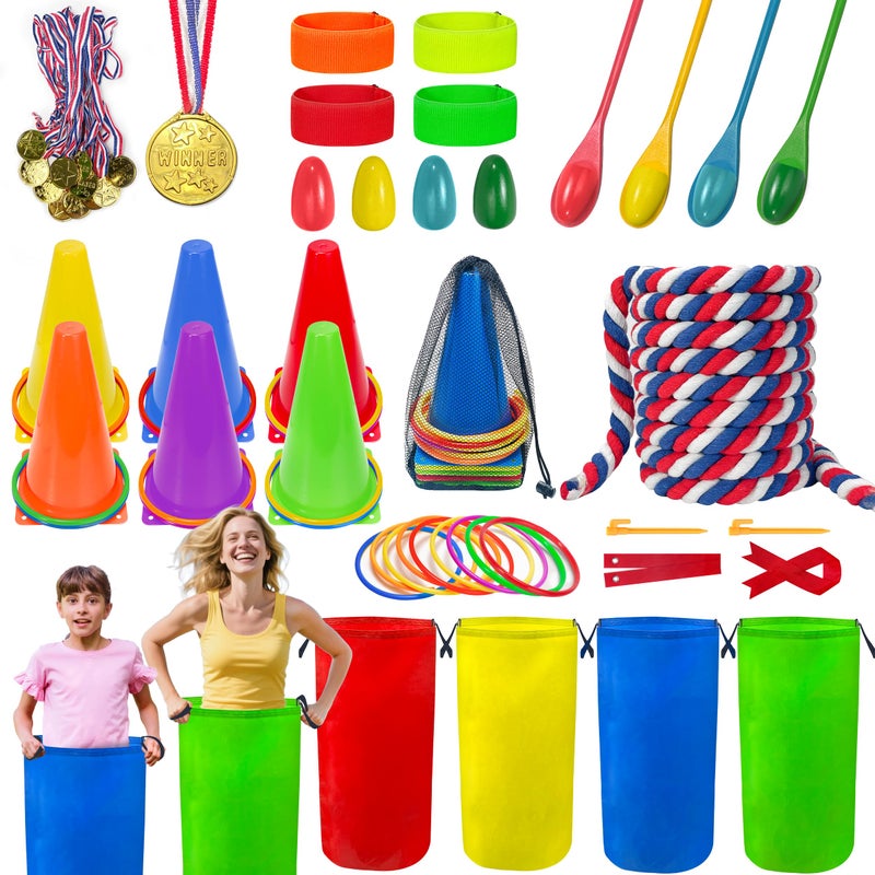 LINAYE Field Day Games Outdoor Activities Carnival Lawn Yard Picnic Family Reunion Games Tug of War Rope Sack Race Bags for Adults and Kids Ring Toss Egg and Spoon 3 Legged Race for Birthday Party - Image 2
