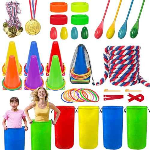 LINAYE Field Day Games Outdoor Activities Carnival Lawn Yard Picnic Family Reunion Games Tug of War Rope Sack Race Bags for Adults and Kids Ring Toss Egg and Spoon 3 Legged Race for Birthday Party - Image 1