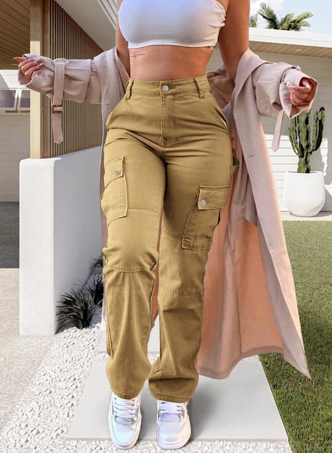 SDNGED Women High Waisted Cargo Pants Straight Leg Casual Pants 6 Pockets Hiking Pants Women Travel Pants Khaki - Image 2