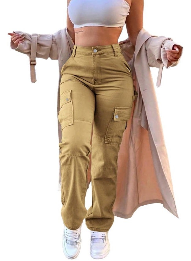 SDNGED Women High Waisted Cargo Pants Straight Leg Casual Pants 6 Pockets Hiking Pants Women Travel Pants Khaki - Image 1