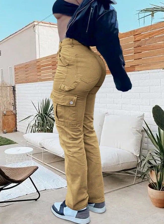 SDNGED Women High Waisted Cargo Pants Straight Leg Casual Pants 6 Pockets Hiking Pants Women Travel Pants Khaki - Image 3