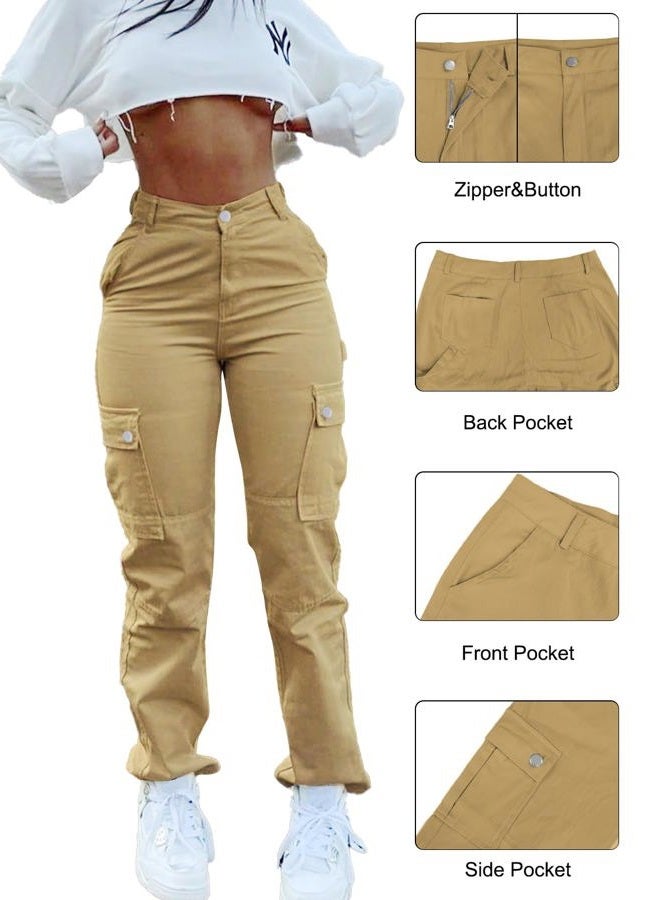 SDNGED Women High Waisted Cargo Pants Straight Leg Casual Pants 6 Pockets Hiking Pants Women Travel Pants Khaki - Image 5